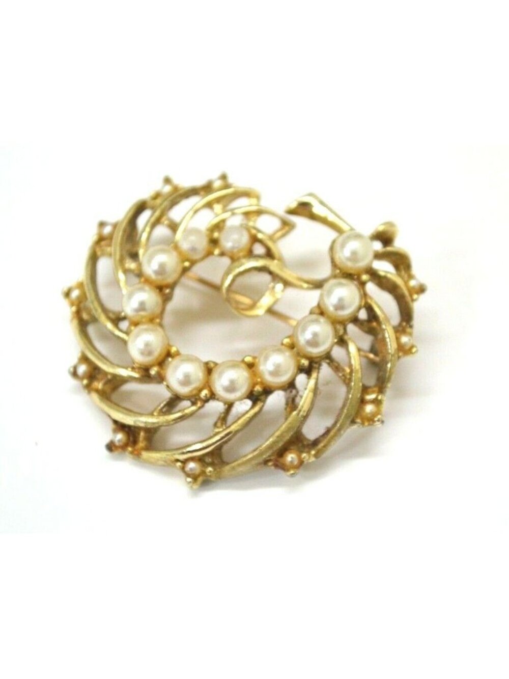Faux Pearl Brooch Lapel Pin Gold Tone Swirl Hat Bag Fashion Jewelry